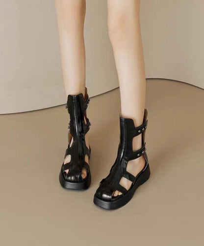 Fashion Hollow Out Platform Sandals Boots Black Cowhide Leather JJ026