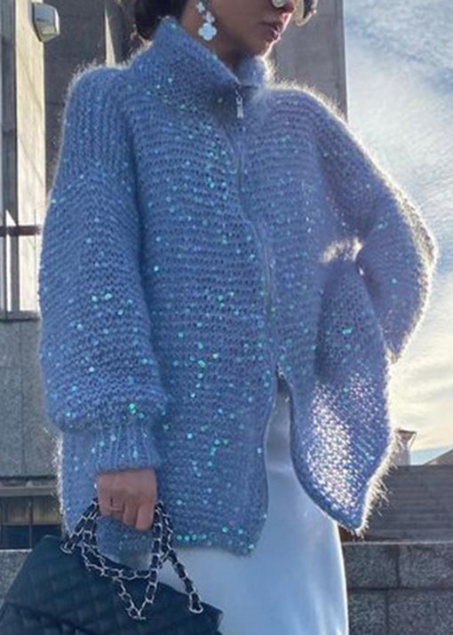 Fashion Light Camel Zip Up Sequins Knit Cardigan Spring YY019