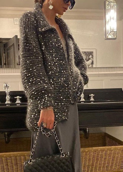 Fashion Light Camel Zip Up Sequins Knit Cardigan Spring YY019