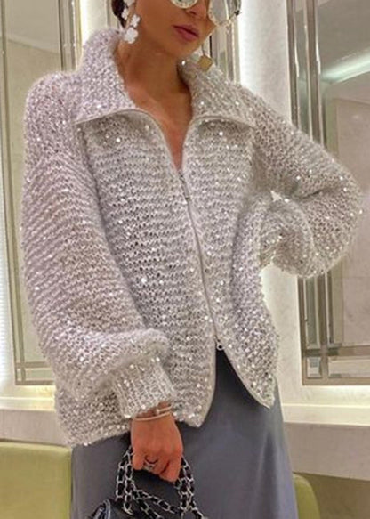 Fashion Light Camel Zip Up Sequins Knit Cardigan Spring YY019