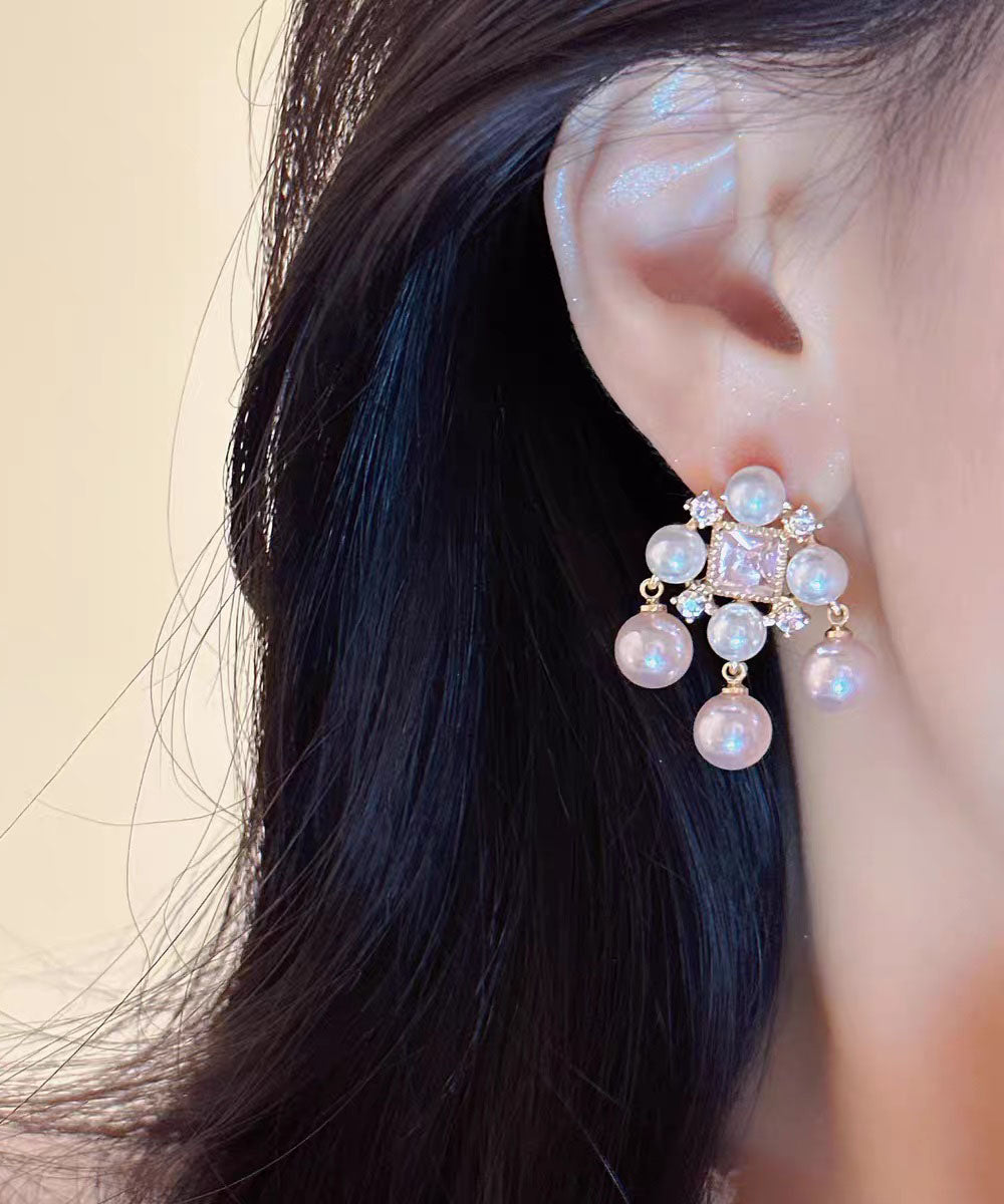 Zircon Light Alloy Hollow Fashion Pearl Stud Pink Earrings Out