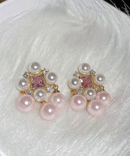 Zircon Light Alloy Hollow Fashion Pearl Stud Pink Earrings Out