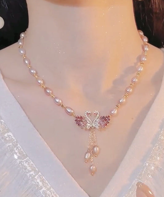 Fashion Light Purple Copper Overgild Swan Pearl Pendant Necklace YD044