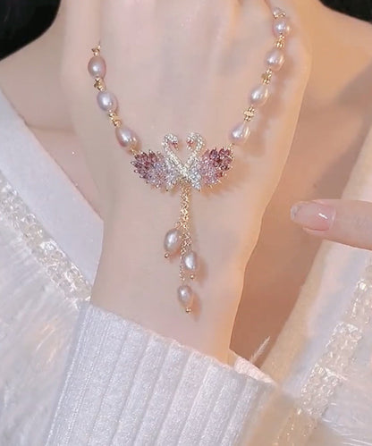 Fashion Light Purple Copper Overgild Swan Pearl Pendant Necklace YD044