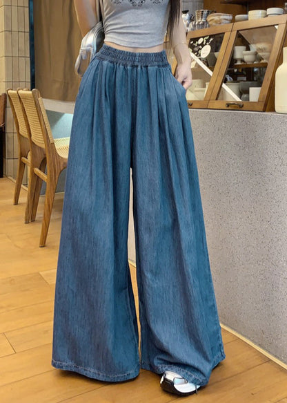 Pants Denim Summer Leg Navy Wide Waist Elastic Fashion