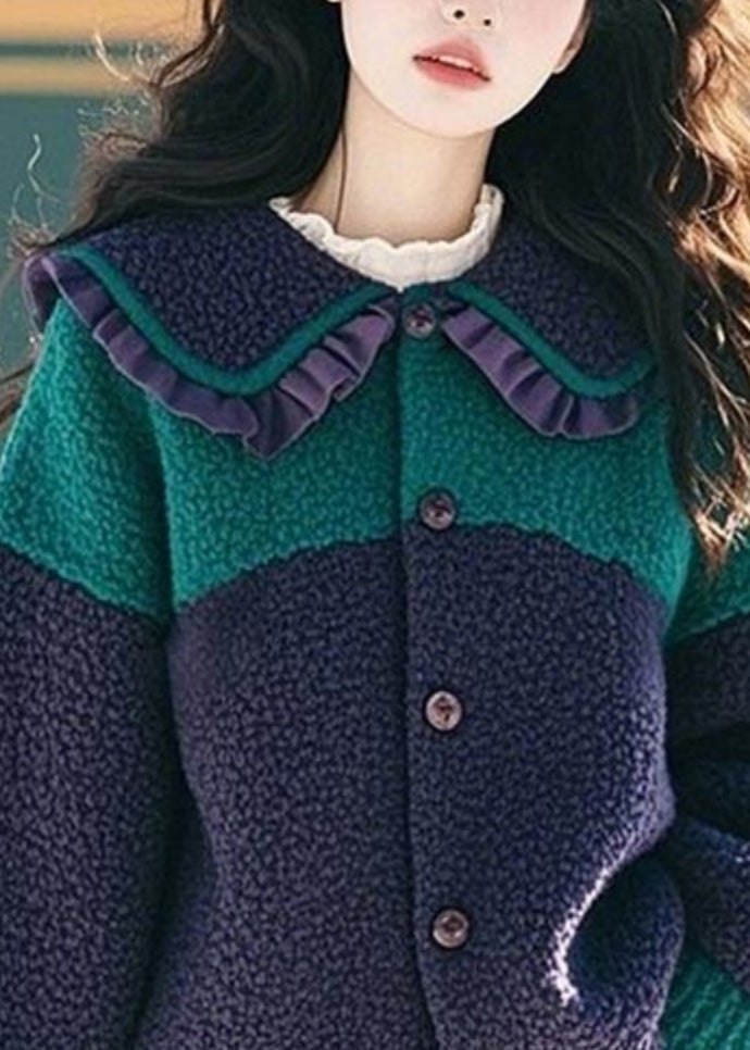 Fashion Navy Peter Pan Collar Ruffled Button Faux Fur Coat Spring TN044