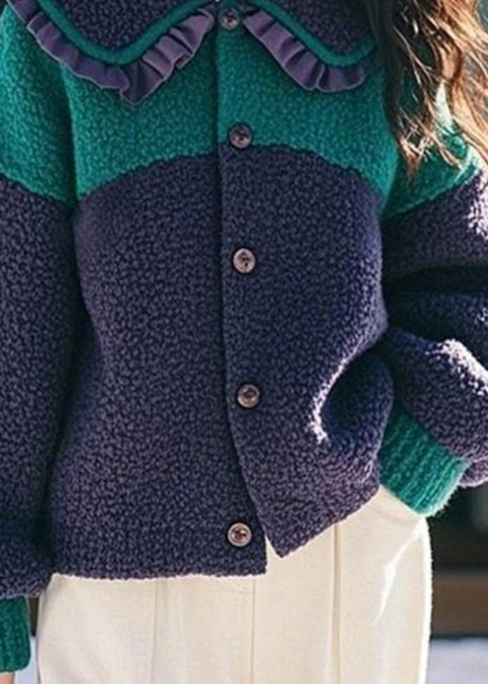 Fashion Navy Peter Pan Collar Ruffled Button Faux Fur Coat Spring TN044