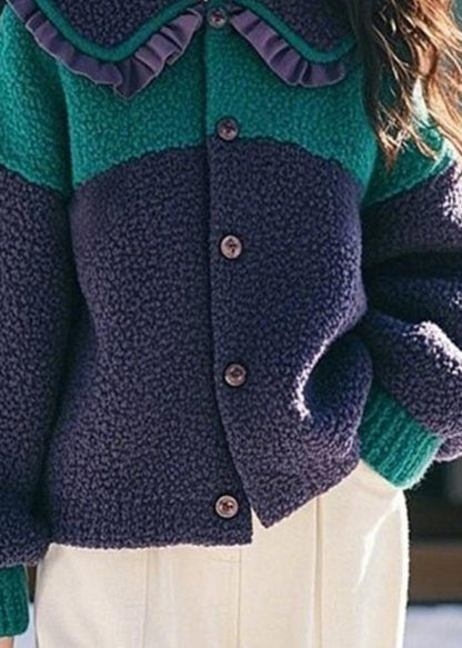 Fashion Navy Peter Pan Collar Ruffled Button Faux Fur Coat Spring TN044