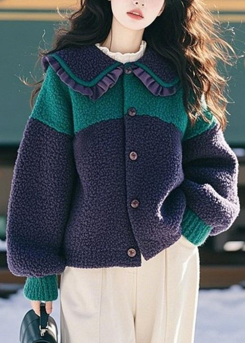 Fashion Navy Peter Pan Collar Ruffled Button Faux Fur Coat Spring TN044