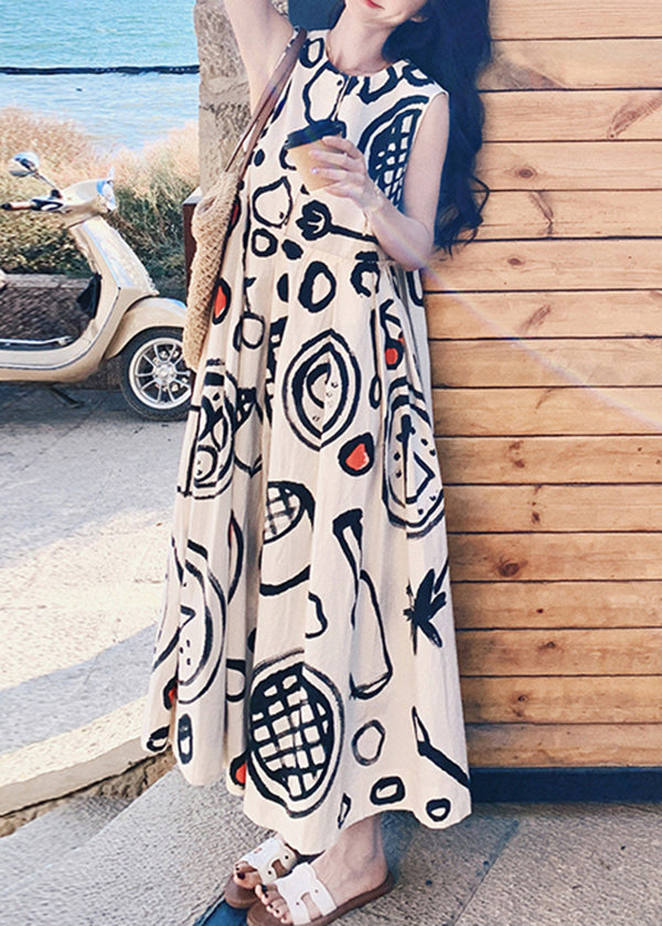 Graffiti Dress Neck O Fashion Sleeveless Cotton Print Long