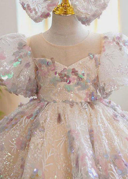 Fashion O-Neck Sequins Patchwork Tulle Kids Maxi Dress Summer YS018