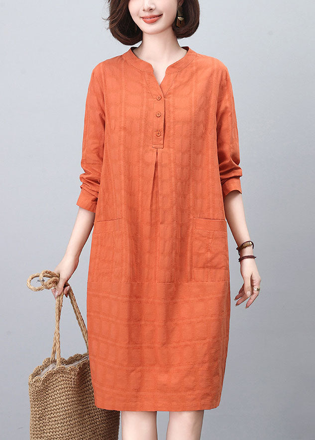Fashion Spring Collar Cotton Mid Orange Stand Dresses