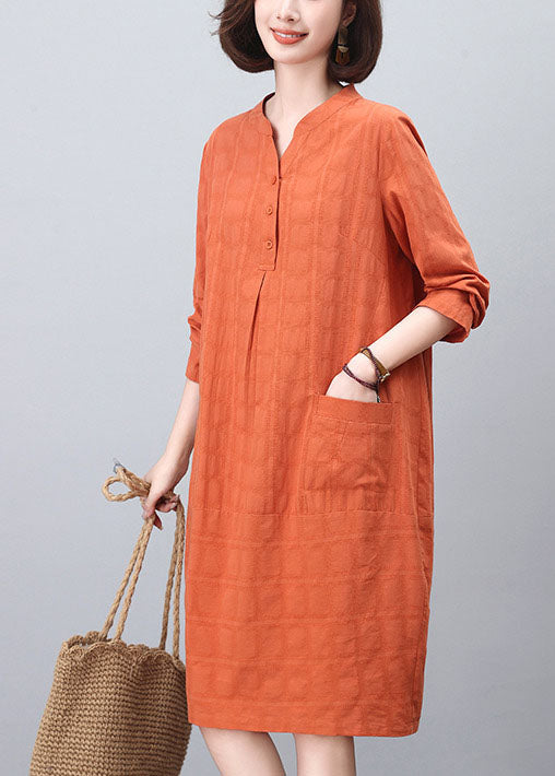 Cotton Collar Orange Dresses Mid Stand Fashion Spring
