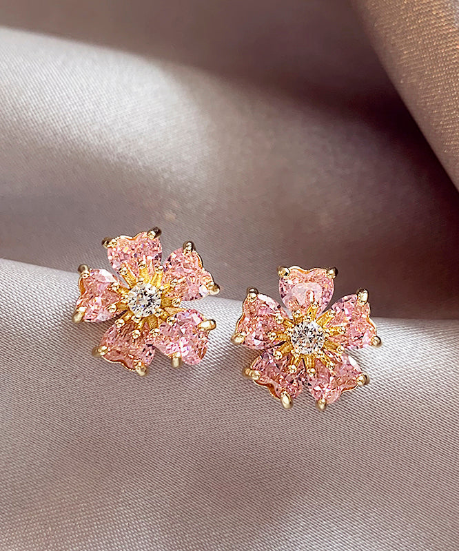 Fashion Pink Copper Alloy Zircon Floral Stud Earrings WH029