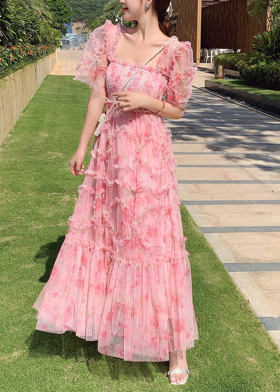 Fashion Pink Ruffled Patchwork Print Tulle Holiday Dress Summer XX064