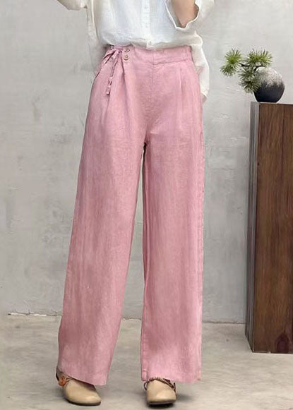 Fashion Pink Pants Linen Waist Summer Side Tie
