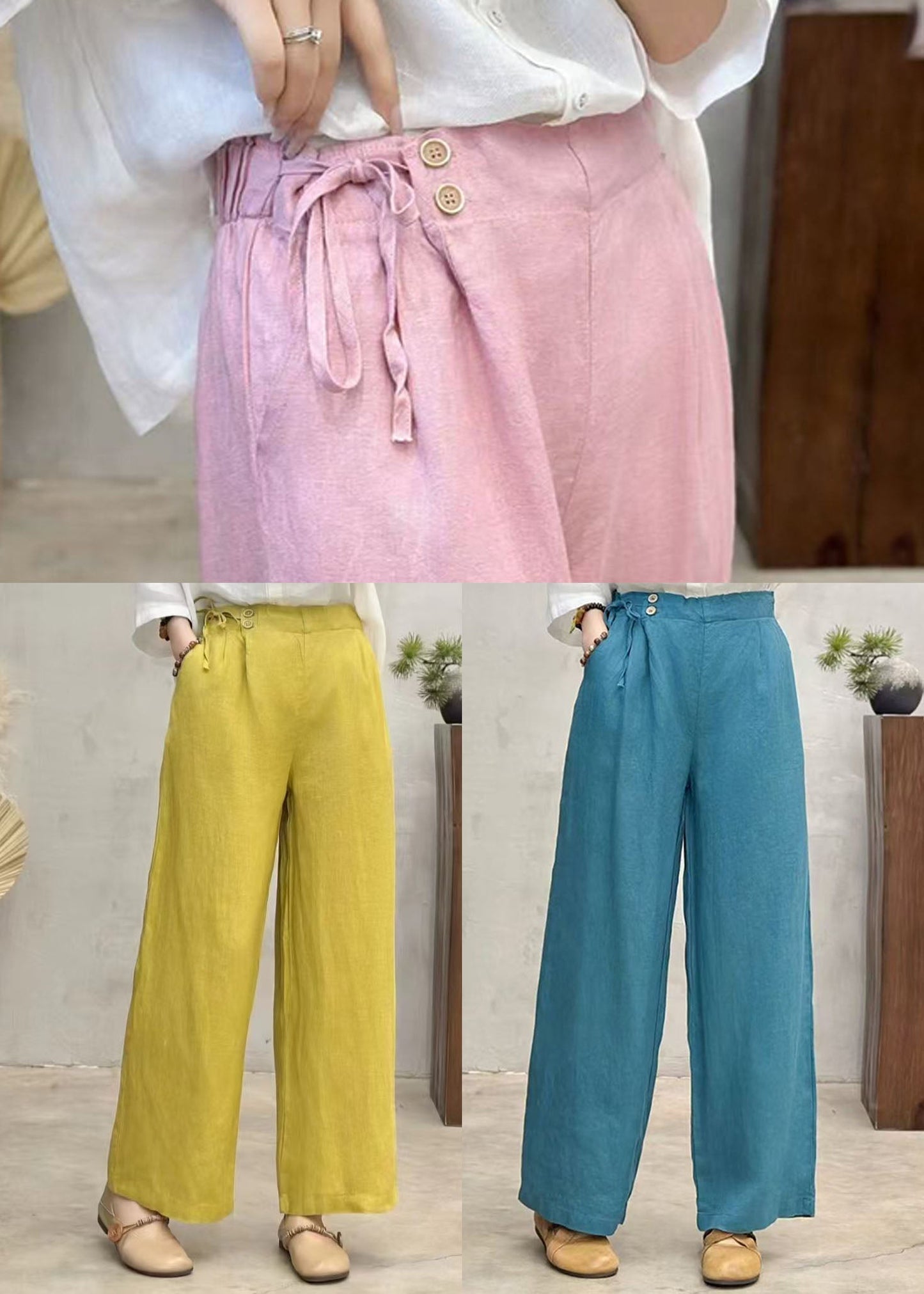 Fashion Pink Pants Linen Waist Summer Side Tie