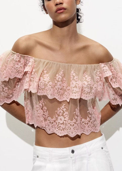 Top Ruffled Neck Summer Embroidered Slash Fashion Pink Tulle