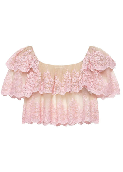 Top Ruffled Neck Summer Embroidered Slash Fashion Pink Tulle