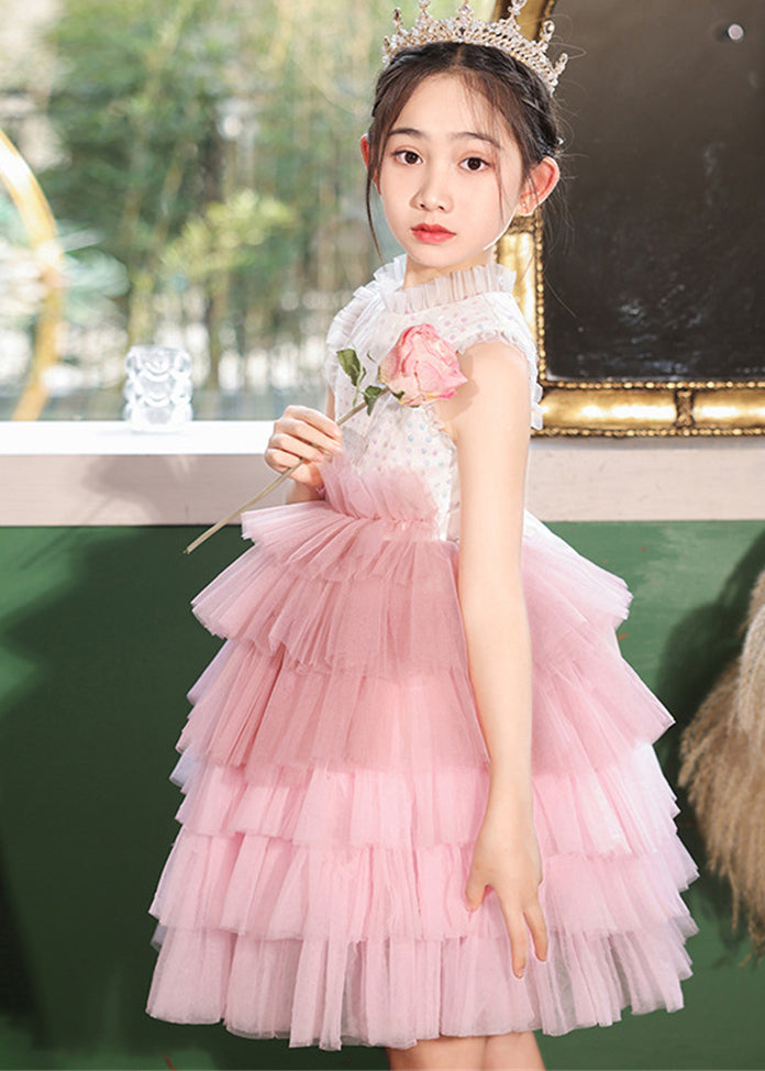 Fashion Pink Stand Collar Dot Patchwork Tulle Girls Dress Sleeveless EW030