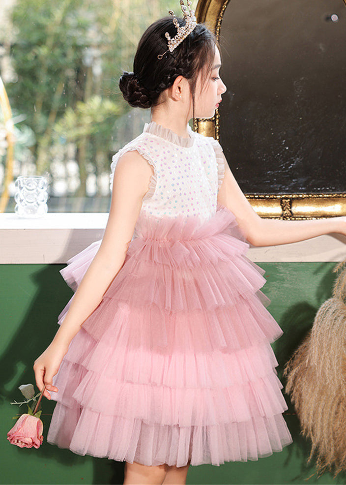 Fashion Pink Stand Collar Dot Patchwork Tulle Girls Dress Sleeveless EW030