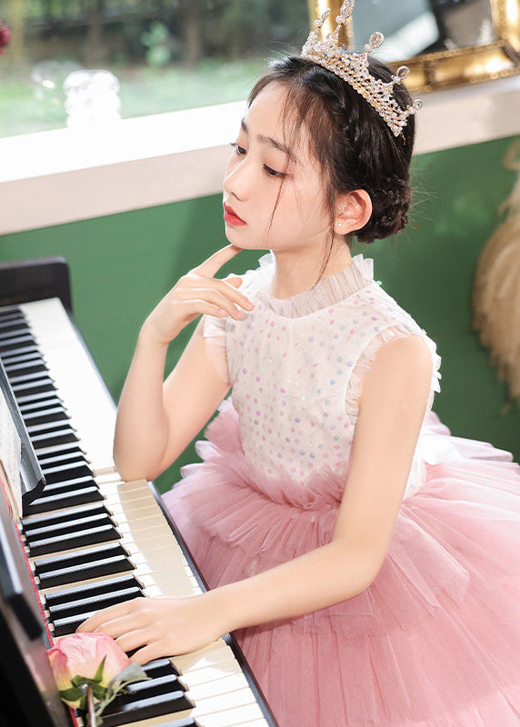Fashion Pink Stand Collar Dot Patchwork Tulle Girls Dress Sleeveless EW030