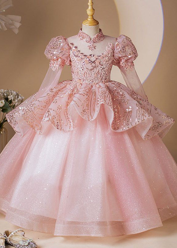 Fashion Pink Stand Collar Patchwork Tulle Girls Long Dress Long Sleeve YG010