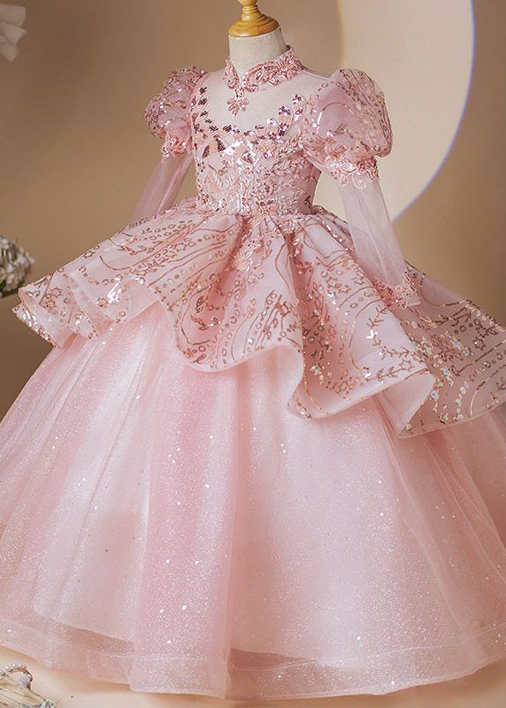 Fashion Pink Stand Collar Patchwork Tulle Girls Long Dress Long Sleeve YG010