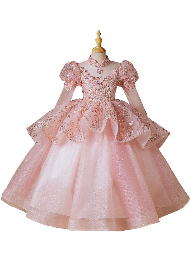 Fashion Pink Stand Collar Patchwork Tulle Girls Long Dress Long Sleeve YG010