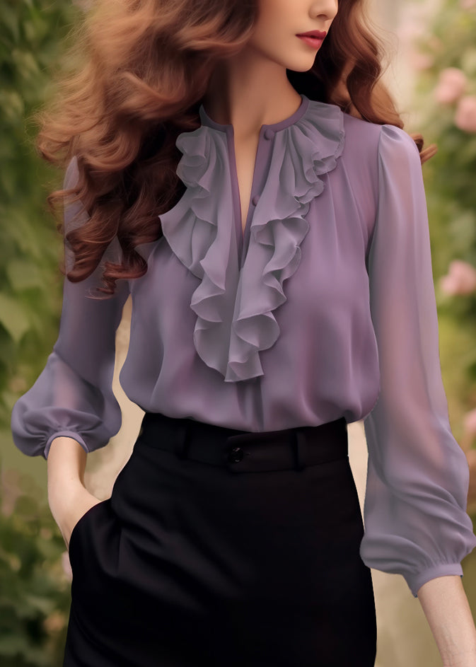 Shirt Purple Bracelet Ruffled Sleeve Fashion Chiffon Solid
