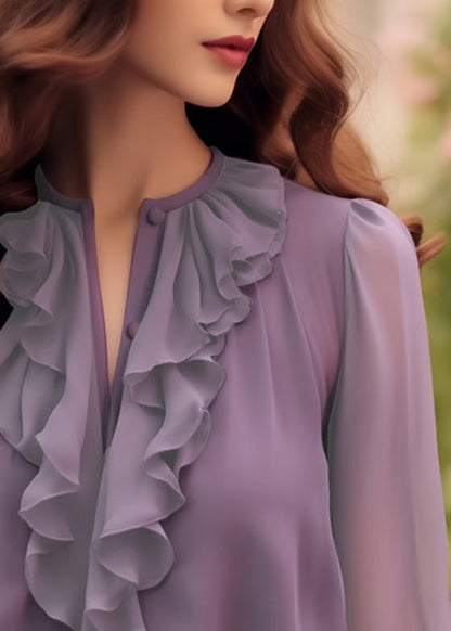 Shirt Purple Bracelet Ruffled Sleeve Fashion Chiffon Solid