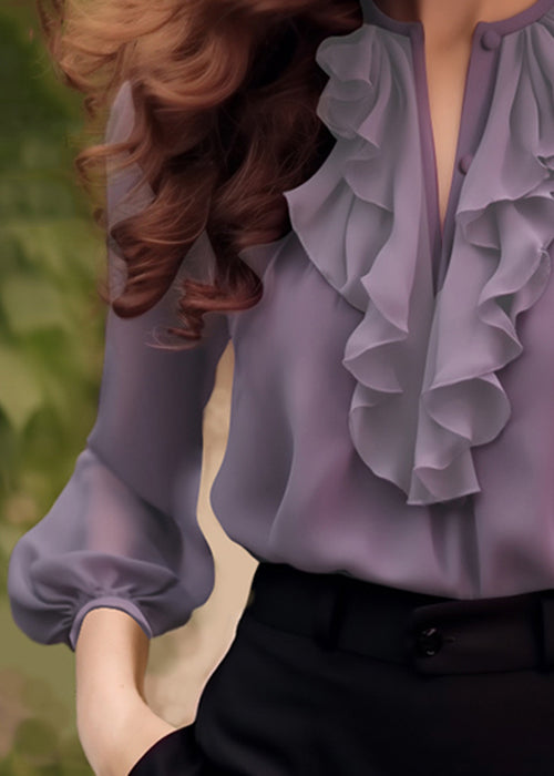 Shirt Purple Bracelet Ruffled Sleeve Fashion Chiffon Solid