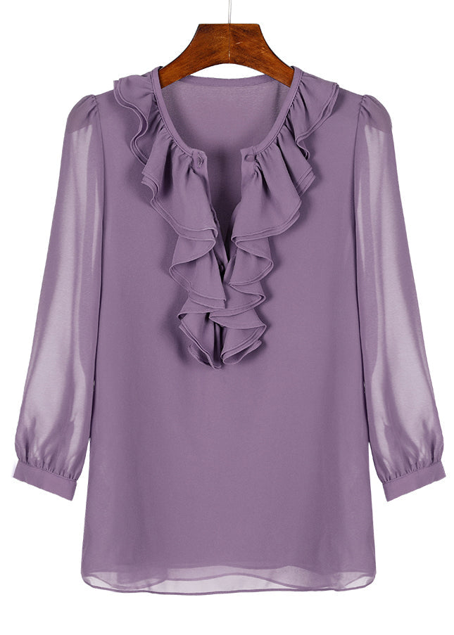 Shirt Purple Bracelet Ruffled Sleeve Fashion Chiffon Solid