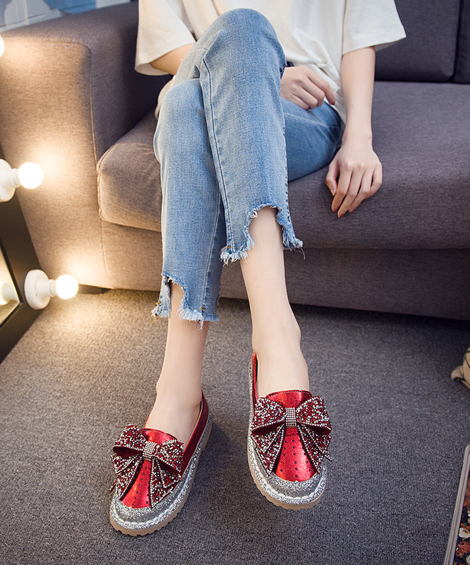 Zircon Splicing Red Penny Bow Fashion Loafers