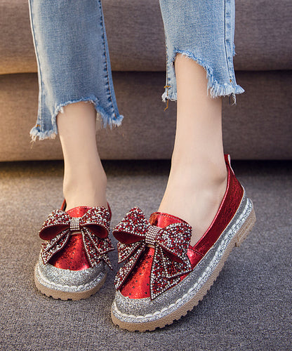 Zircon Splicing Red Penny Bow Fashion Loafers