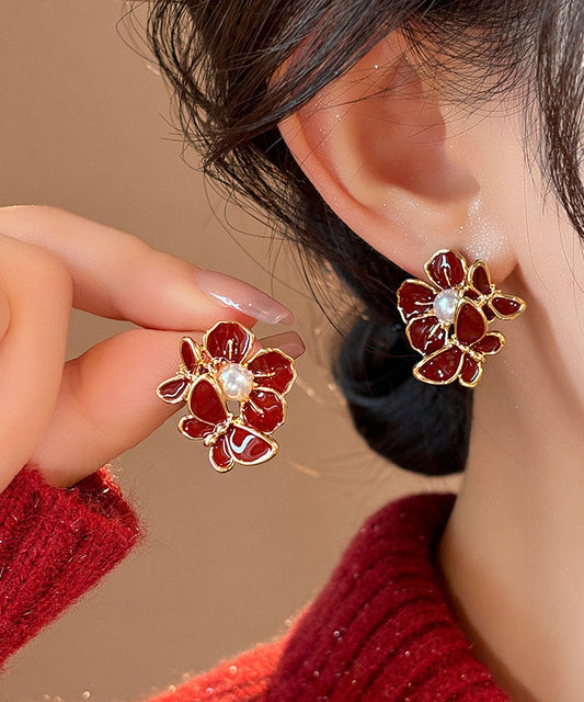 Fashion Red Copper Alloy Butterfly Pearl Stud Earrings RB024