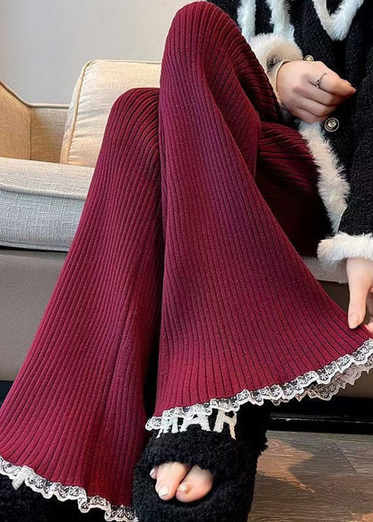 Fashion Red Drawstring Lace Patchwork Knit Flared Trousers Spring TN028