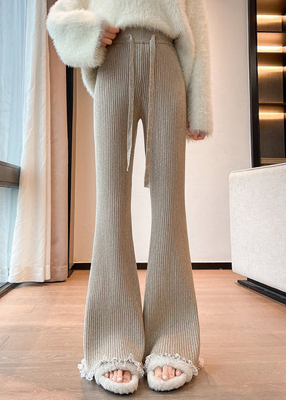 Fashion Red Drawstring Lace Patchwork Knit Flared Trousers Spring TN028