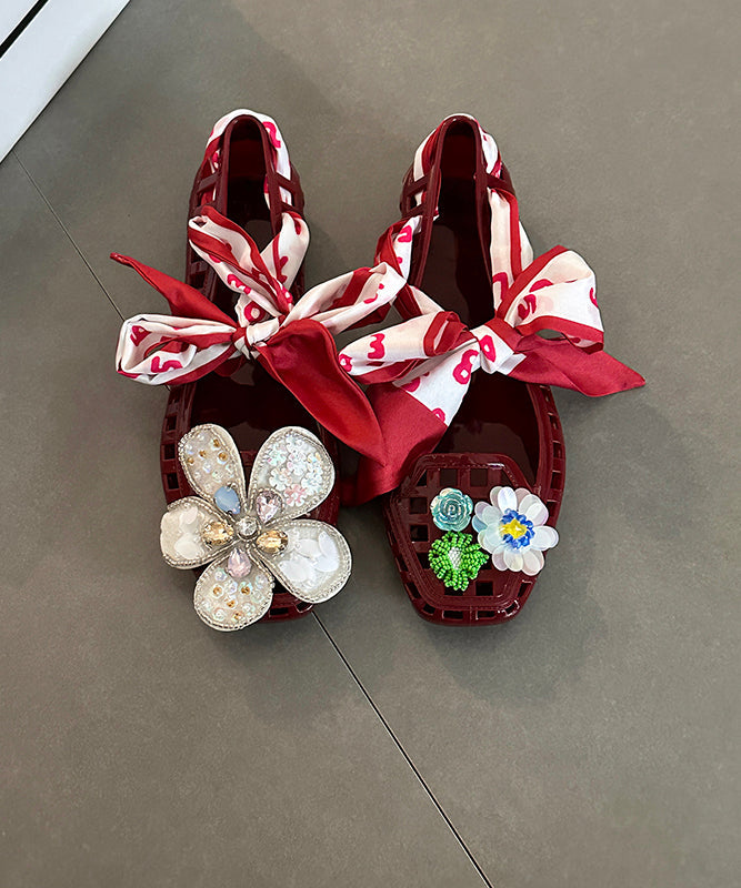 Red Flower Flats Square Out Shoes Fashion Toe Hollow