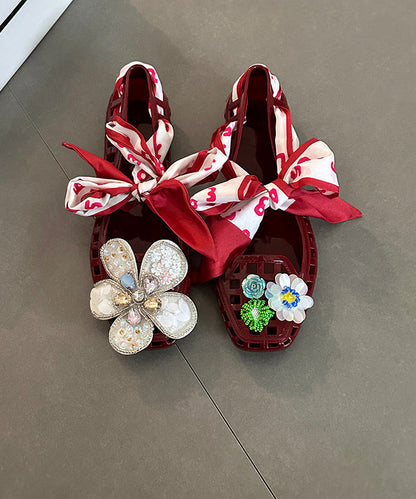 Red Flower Flats Square Out Shoes Fashion Toe Hollow