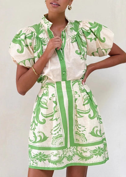 Pieces Red Fashion Stand Collar And Set Print Shirts Two Skirts