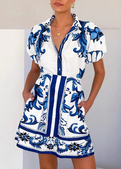 Pieces Red Fashion Stand Collar And Set Print Shirts Two Skirts