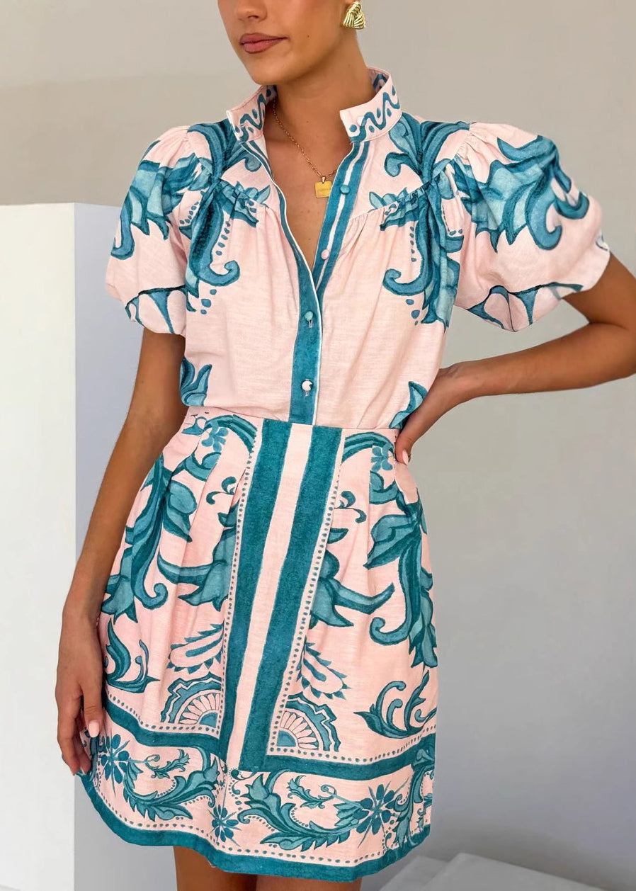 Pieces Red Fashion Stand Collar And Set Print Shirts Two Skirts