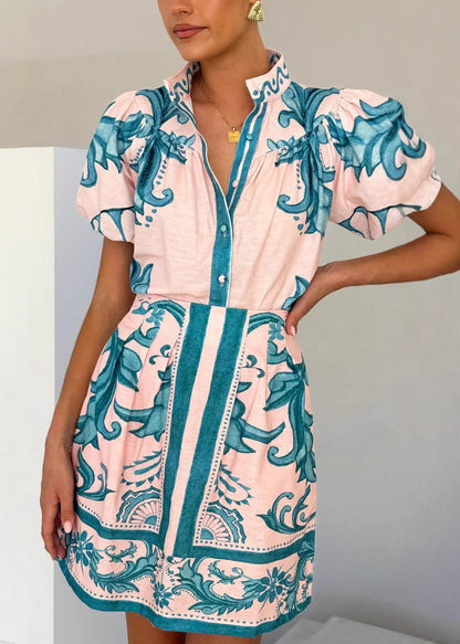 Pieces Red Fashion Stand Collar And Set Print Shirts Two Skirts