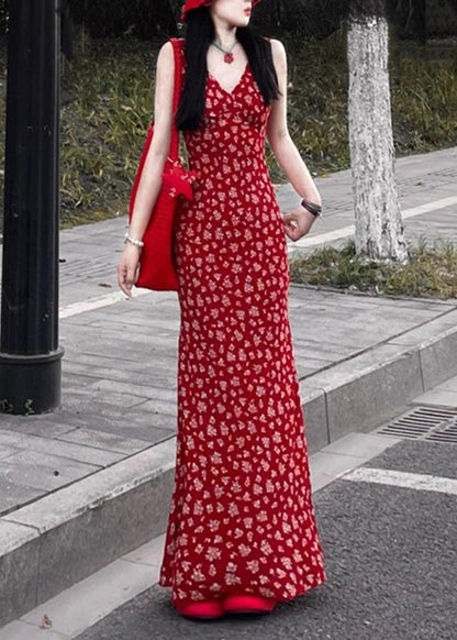 Sleeveless Fashion Neck Maxi Red Dress Print V