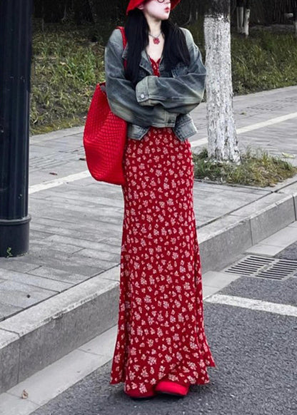 Sleeveless Fashion Neck Maxi Red Dress Print V