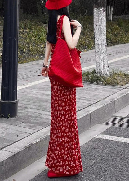 Sleeveless Fashion Neck Maxi Red Dress Print V
