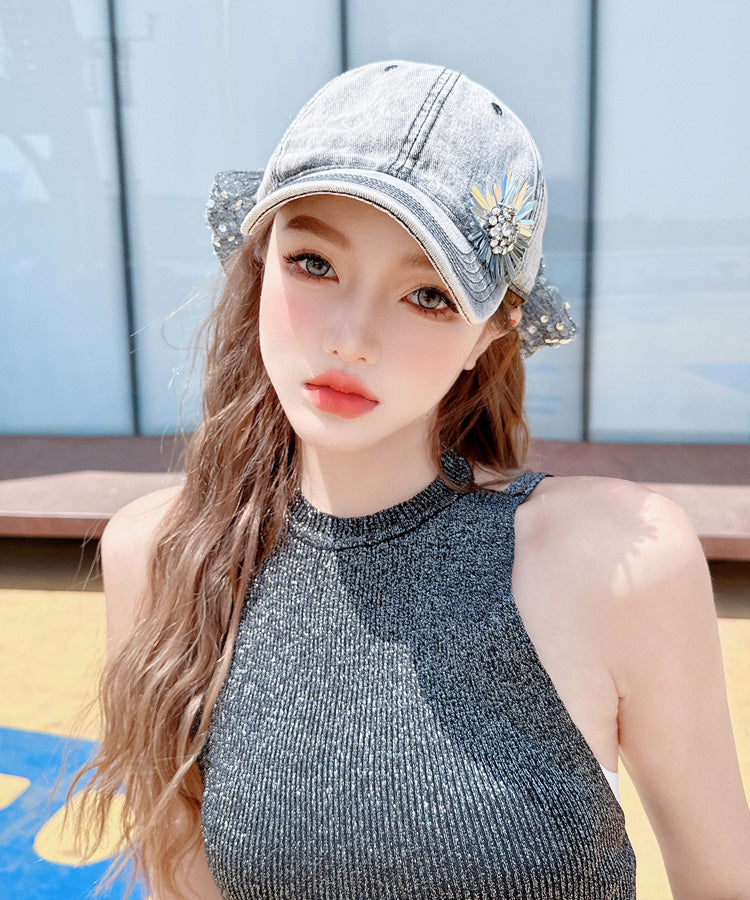 Baseball Flower Sequin Hat Fashion Rhinestone Versatile Cap Bow