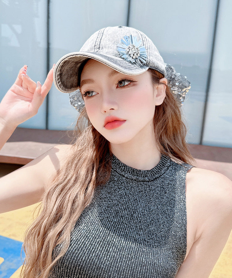Baseball Flower Sequin Hat Fashion Rhinestone Versatile Cap Bow