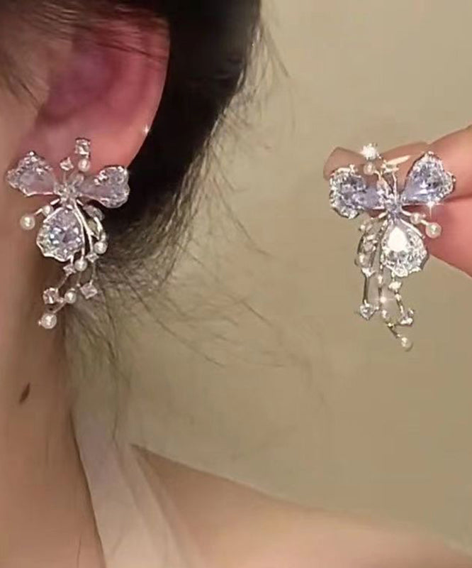 Pearl Copper Zircon Silk Fashion Earrings Floral Stud